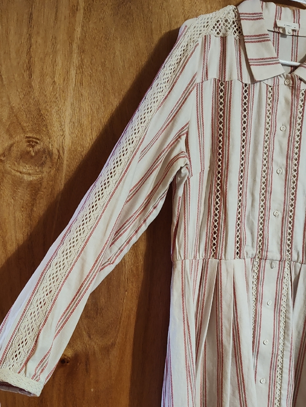 a Loves a Pleated Dress Cream Red Crochet Detail Long Sleeve Cotton -No Belt- L - Picture 4 of 16